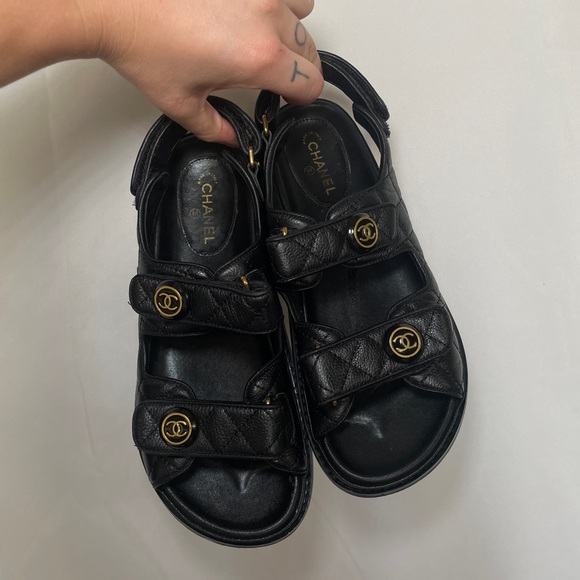 CHANEL Shoes - Authentic Chanel Black Leather Strap Sandals